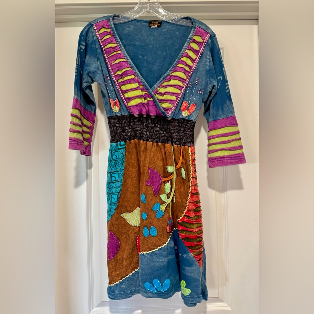 Rising International Hippie Boho Appliqué Patchwork Dress Size S